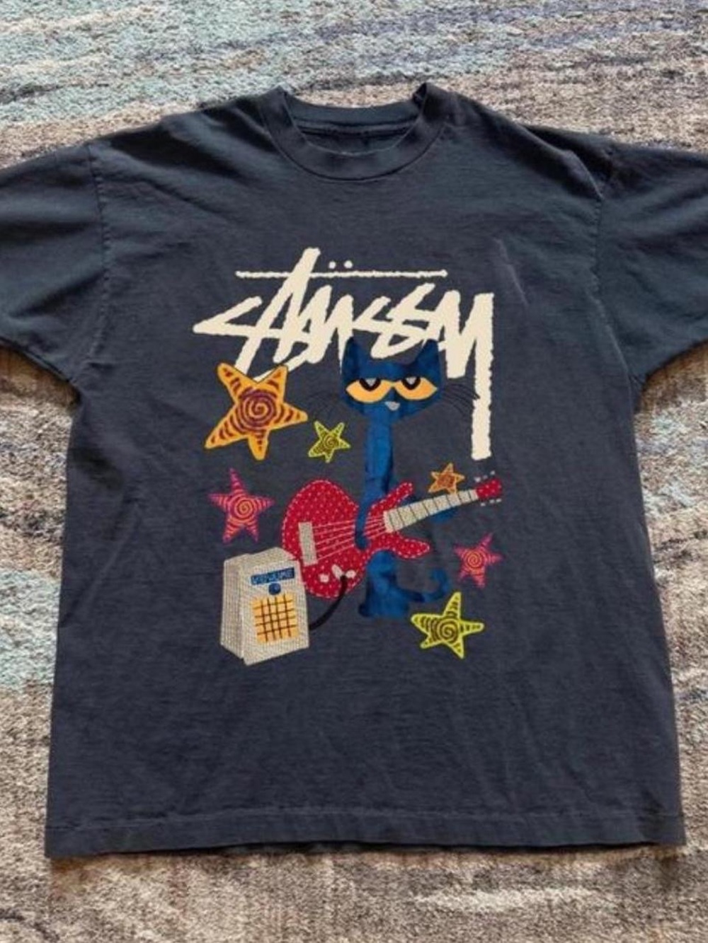 Gildan Black Short-Sleeve Tee with Colorful Guitar Cat Graphic